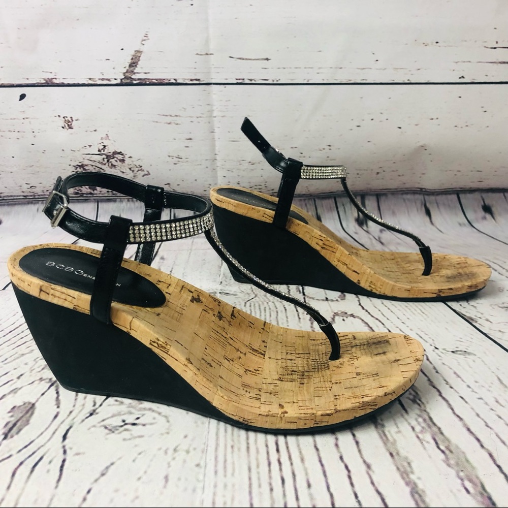 BCBGeneration Crystal T-Strap Buckle Wedge Sandals Maybel Shoes Black Cork 7.5